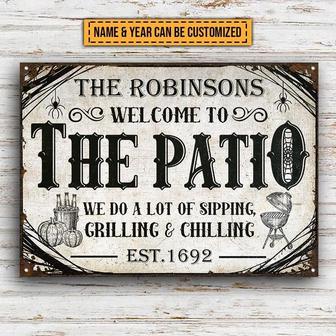 Metal Sign- Patio Halloween Sipping Grilling Chilling Rectangle Metal Sign Custom Name Year - Thegiftio UK