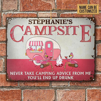 Metal Sign- Pink Camping Flamingo Never Take Rectangle Metal Sign Custom Name - Thegiftio UK