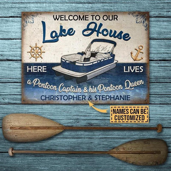 Metal Sign- Pontoon Welcome Lake House Anchor And Wheel Rectangle Metal Sign Custom Name - Thegiftio UK