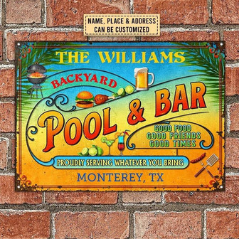 Metal Sign- Pool Bar Summer Good Food Good Friends Rectangle Metal Sign Custom Name Place Address - Thegiftio UK
