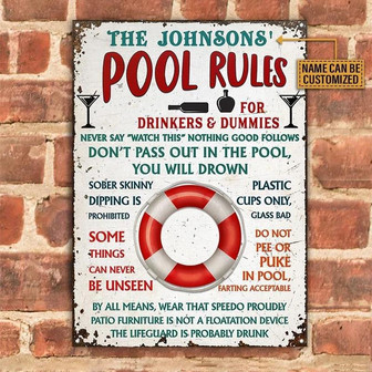 Metal Sign- Pool Rules Don't Pass Out In The Pool Rectangle Metal Sign Custom Name - Thegiftio UK