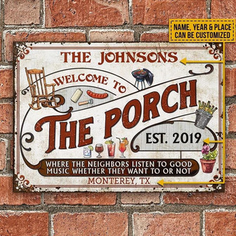 Metal Sign- The Porch Red Design White Rectangle Metal Sign Custom Name Year Place - Thegiftio UK