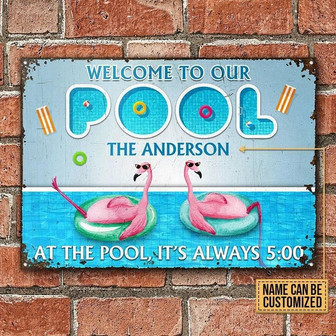 Metal Sign- Pretty Flamingo In Swimming Pool Rectangle Metal Sign Custom Name - Thegiftio UK