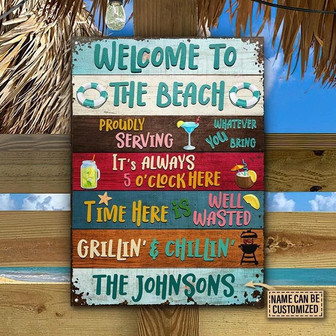 Metal Sign- Proudly Serving Welcome The Beach Blue Swimming Float Rectangle Metal Sign Custom Name - Thegiftio UK