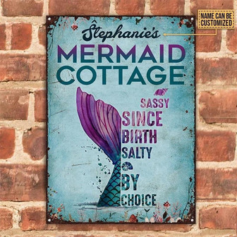 Metal Sign- Purple Mermaid Cottage Rectangle Metal Sign Custom Name - Thegiftio UK