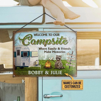 Metal Sign- Raccoon Beside Campfire Camping Make Memories Rectangle Metal Sign Custom Name - Thegiftio UK
