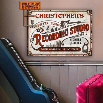Metal Sign- Recording Studio Guitar Vintage Rectangle Metal Sign Custom Name Year - Thegiftio UK