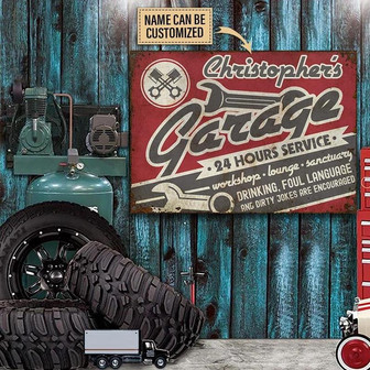 Metal Sign- Red Theme Auto Garage Foul Language Rectangle Metal Sign Custom Name - Thegiftio UK