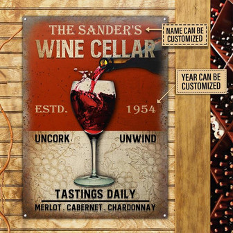 Metal Sign- Red Design Wine Cellar Uncork Unwind Rectangle Metal Sign Custom Name Year - Thegiftio