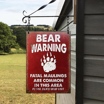 Metal Sign- Red Background Bear Warning Enjoy Your Visit Rectangle Metal Sign - Thegiftio