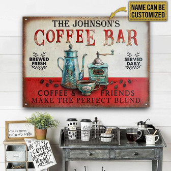 Metal Sign- Red Background Coffee Bar Perfect Blend Rectangle Metal Sign Custom Name - Thegiftio