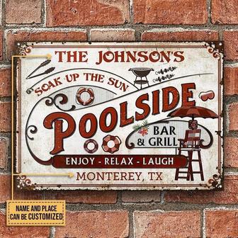 Metal Sign- Red Pool Bar And Grill White Rectangle Metal Sign Custom Name Place - Thegiftio UK