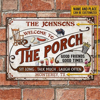 Metal Sign- Red Theme Porch Sit Long Talk Much Rectangle Metal Sign Custom Name Place - Thegiftio UK
