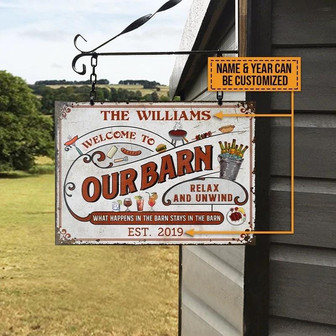Metal Sign- Red Text Our Barn Rectangle Metal Sign Custom Name Year - Thegiftio UK