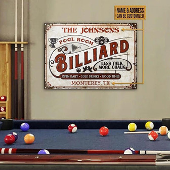 Metal Sign- Red Text Billiard Pool Room Less Talk Rectangle Metal Sign Custom Name Address - Thegiftio UK