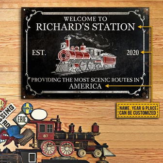 Metal Sign- Red Train Station Rectangle Metal Sign Custom Name Year Place - Thegiftio UK