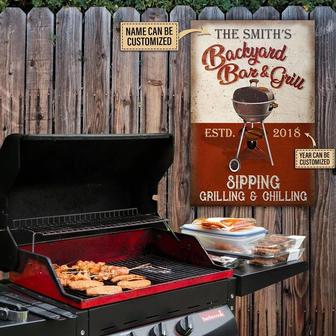 Metal Sign- Red And White Theme BBQ And Grill Sipping Grilling Rectangle Metal Sign Custom Name Year - Thegiftio UK