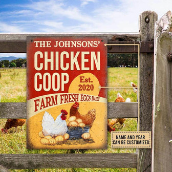 Metal Sign- Red And Yellow Theme Chicken Coop Fresh Eggs Rectangle Metal Sign Custom Name Year - Thegiftio UK