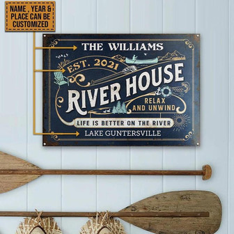 Metal Sign- River House Life Better Custom Name Year Place Rectangle Metal Sign Lovely Design - Thegiftio UK