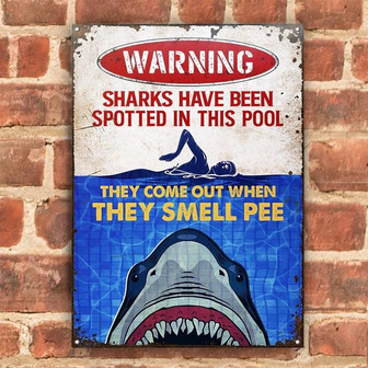 Metal Sign- Shark Swimming Pool Rectangle Metal Sign Custom Name Nice Design - Thegiftio