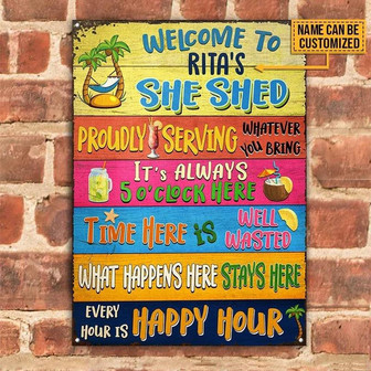 Metal Sign- She Shed What Happens Here Beach Theme Rectangle Metal Sign Custom Name - Thegiftio UK