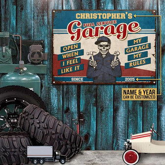 Metal Sign- Skull Auto Mechanic Rectangle Metal Sign Custom Name Year - Thegiftio UK