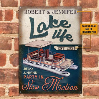 Metal Sign- Slow Motion Pontoon Lake Life Party Rectangle Metal Sign Custom Name Year - Thegiftio UK