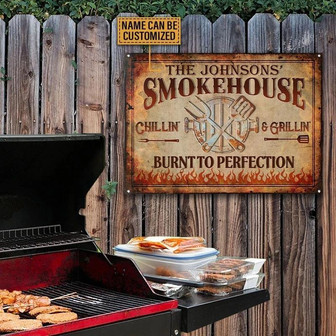 Metal Sign- Smokehouse Burnt To Perfection Rectangle Metal Sign Custom Name Nice Design - Thegiftio UK