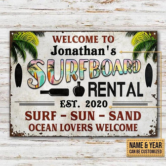 Metal Sign- Surf Shack Surf Sun Sand Rectangle Metal Sign Custom Name Year Nice Design - Thegiftio