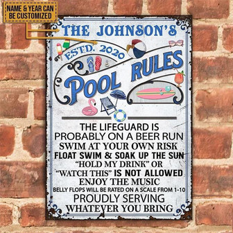 Metal Sign- Swimming Pool Rules Float Swim Beautiful Design Rectangle Metal Sign Custom Name Year - Thegiftio UK