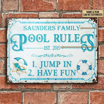 Metal Sign- Swimming Pool Rules Jump In Have Fun Rectangle Metal Sign Custom Name Year - Thegiftio UK