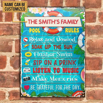 Metal Sign- Swimming Pool Rules Relax Custom Name Rectangle Metal Sign - Thegiftio UK