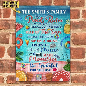 Metal Sign- Swimming Pool Rules Relax And Unwind Beautiful Design Rectangle Metal Sign Custom Name - Thegiftio