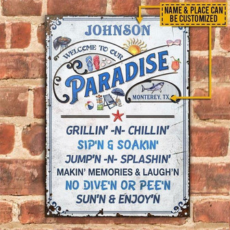 Metal Sign- Swimming Pool Welcome To Our Paradise Rectangle Metal Sign Custom Name Place - Thegiftio UK
