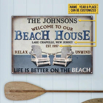 Metal Sign- Two Chairs Beach House Rectangle Metal Sign Custom Name Year Place Beautiful Design - Thegiftio UK