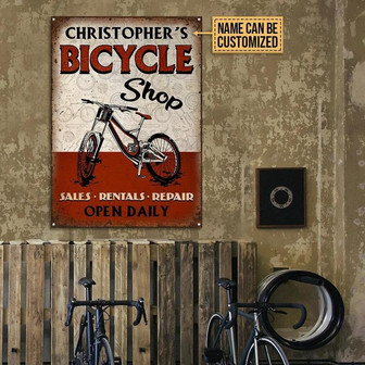 Metal Sign- Vintage Cycling Bike Shop Rectangle Metal Sign Custom Name - Thegiftio