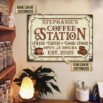 Metal Sign- Vintage Design Coffee Station Fresh Coffee Rectangle Metal Sign Custom Name Year - Thegiftio UK