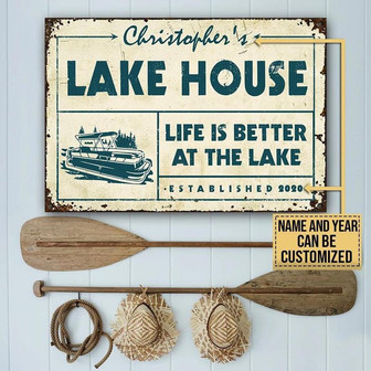 Metal Sign- Vintage Design Pontoon Lake House Blue Text Rectangle Metal Sign Custom Name Year - Thegiftio UK