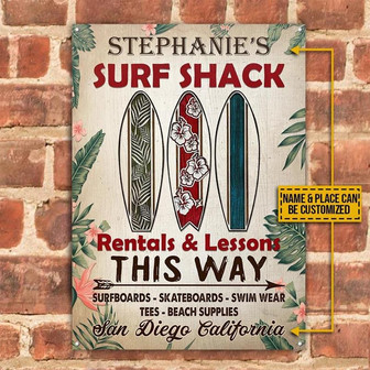 Metal Sign- Vintage Design Surf Shack Rental Lessons Rectangle Metal Sign Custom Name Place - Thegiftio UK