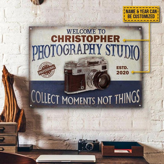 Metal Sign- Vintage Photography Studio Blue Rectangle Metal Sign Custom Name Year - Thegiftio UK