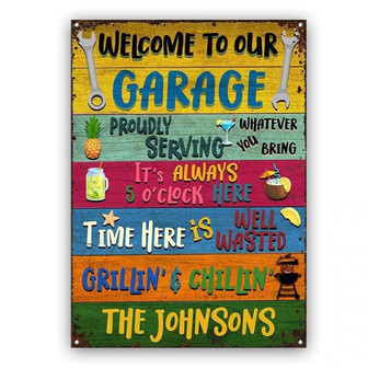 Metal Sign- Welcome To Our Garage Colorful Background Rectangle Metal Sign Custom Name - Thegiftio