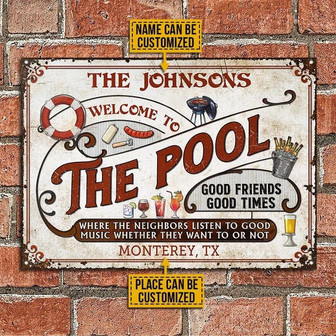 Metal Sign- Welcome To The Pool Red Pattern Custom Name Rectangle Metal Sign Beautiful Design - Thegiftio UK