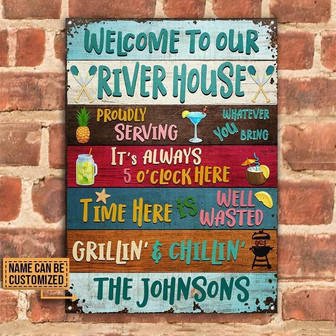 Metal Sign- Welcome To The River House Colorful Design Rectangle Metal Sign Custom Name - Thegiftio UK