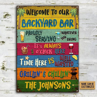 Metal Sign- Welcome To Our Backyard Bar Custom Name Rectangle Metal Sign Colorful Design - Thegiftio UK