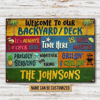 Metal Sign- Welcome To Our Backyard Deck Rectangle Metal Sign Custom Name - Thegiftio UK