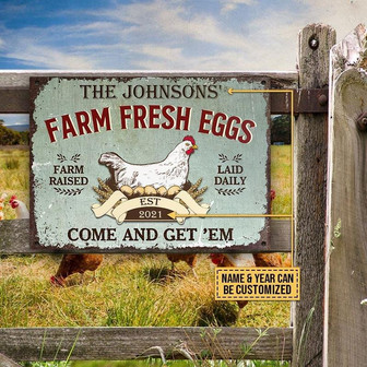 Metal Sign- White Chicken Fresh Eggs Come And Get Rectangle Metal Sign Custom Name Year - Thegiftio UK