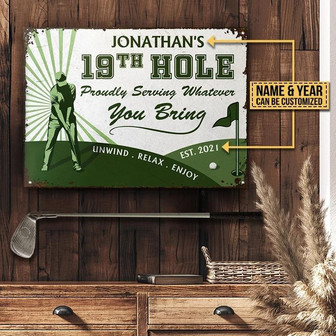 Metal Sign- White And Green Theme Golf 19th Hole Rectangle Metal Sign Custom Name Year - Thegiftio UK