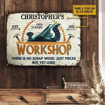 Metal Sign- White Background Carpenter Workshop No Scrap Rectangle Metal Sign Custom Name Year - Thegiftio