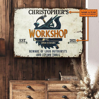 Metal Sign- White Background Carpenter Workshop Beware Of Loud Custom Name Rectangle Metal Sign Nice Design - Thegiftio