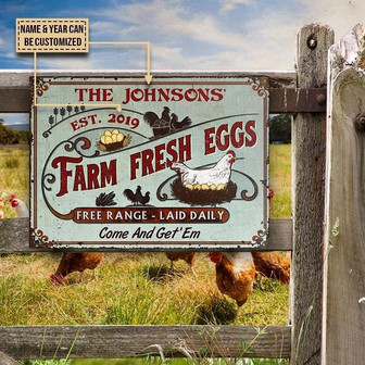 Metal Sign- White Hen Farm Chicken Fresh Eggs Blue Rectangle Metal Sign Custom Name Year - Thegiftio UK